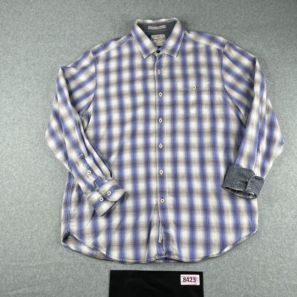 Tommy Bahama Shirt Medium Purple White Plaid Flip Cuff Button Up Long Sleeve Men